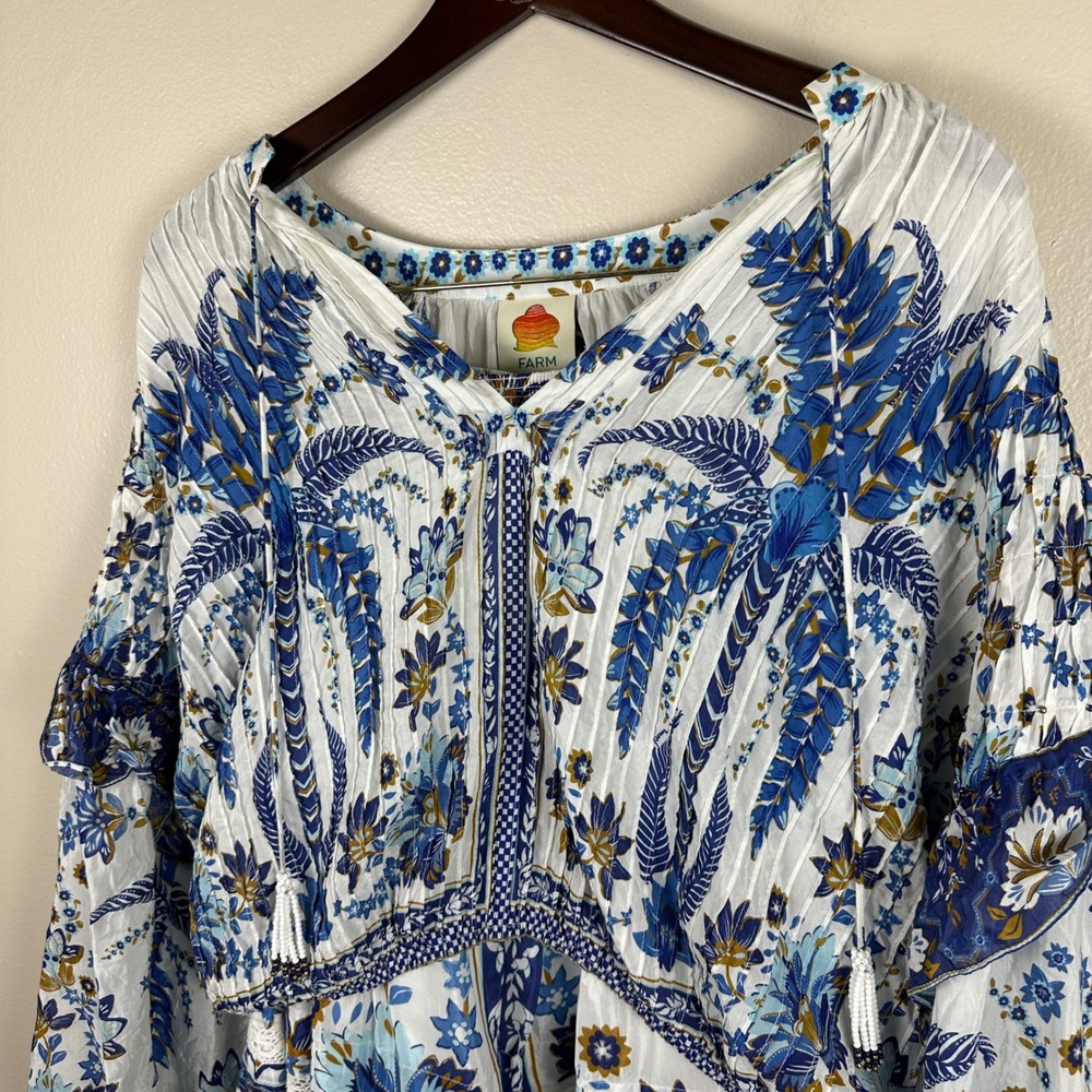 Farm Rio Women's L Two Piece Set Blue White Tropical Floral Top Skirt Vacation - Picture 3 of 16